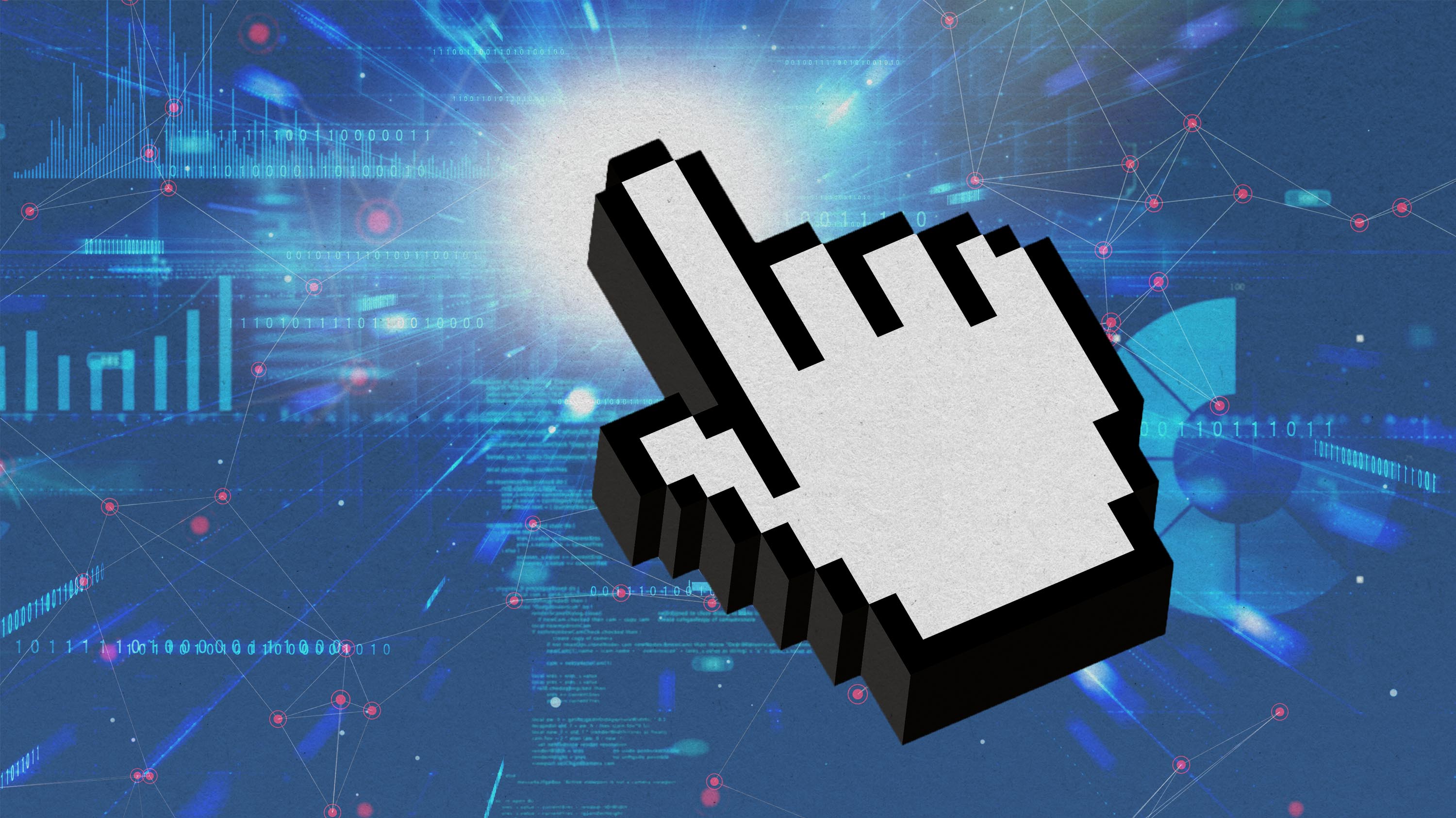 A finger cursor pointing at digital information