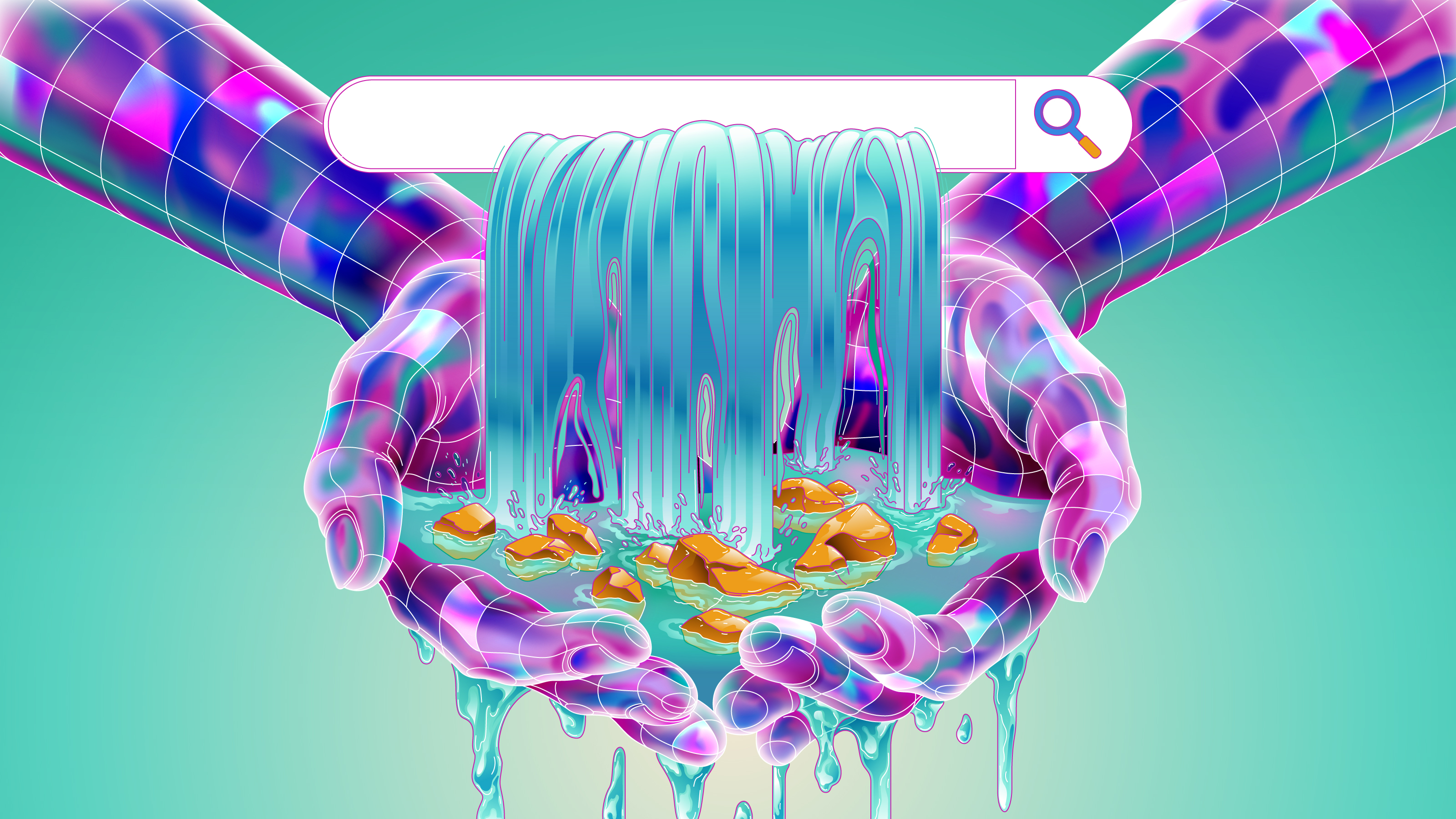 virtual hands cupped to sift gold nuggets from the water pouring from a search bar.