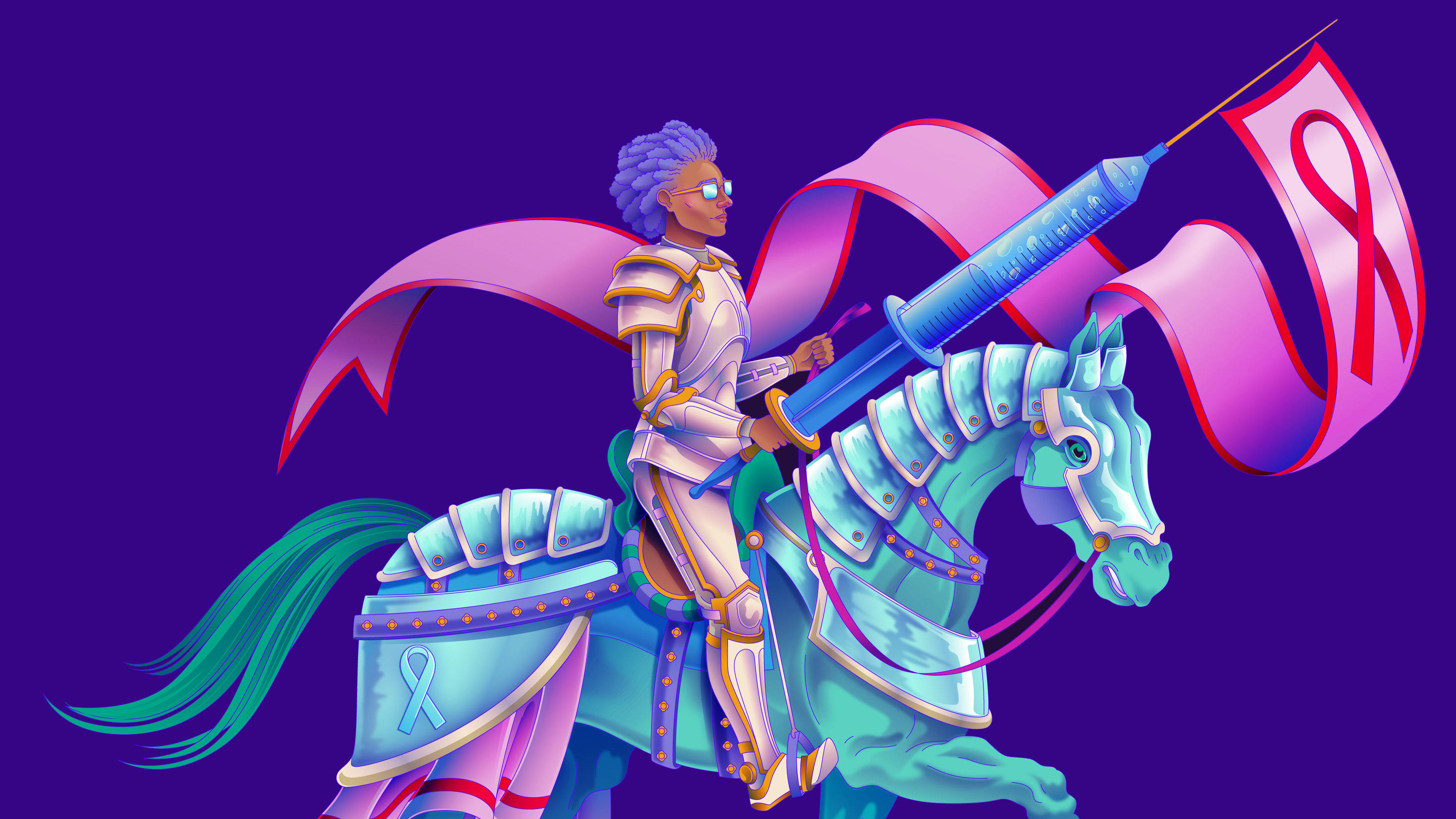 closeup on a person in armor on horseback, wielding a syringe in place of a lance and flying an HIV banner