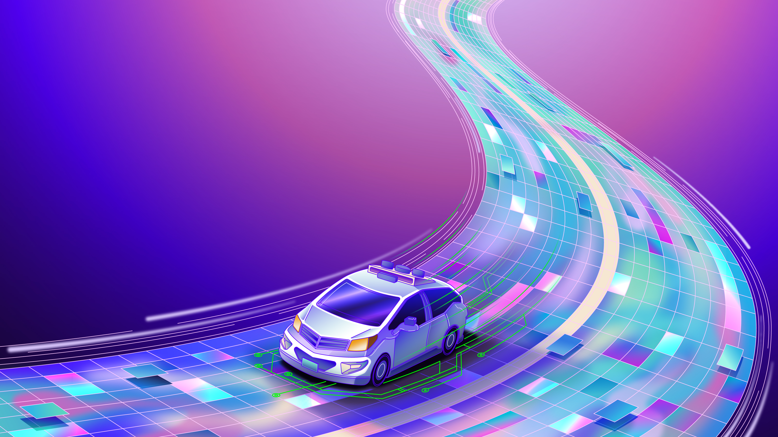 a robotaxi driving on a digital representation of the road