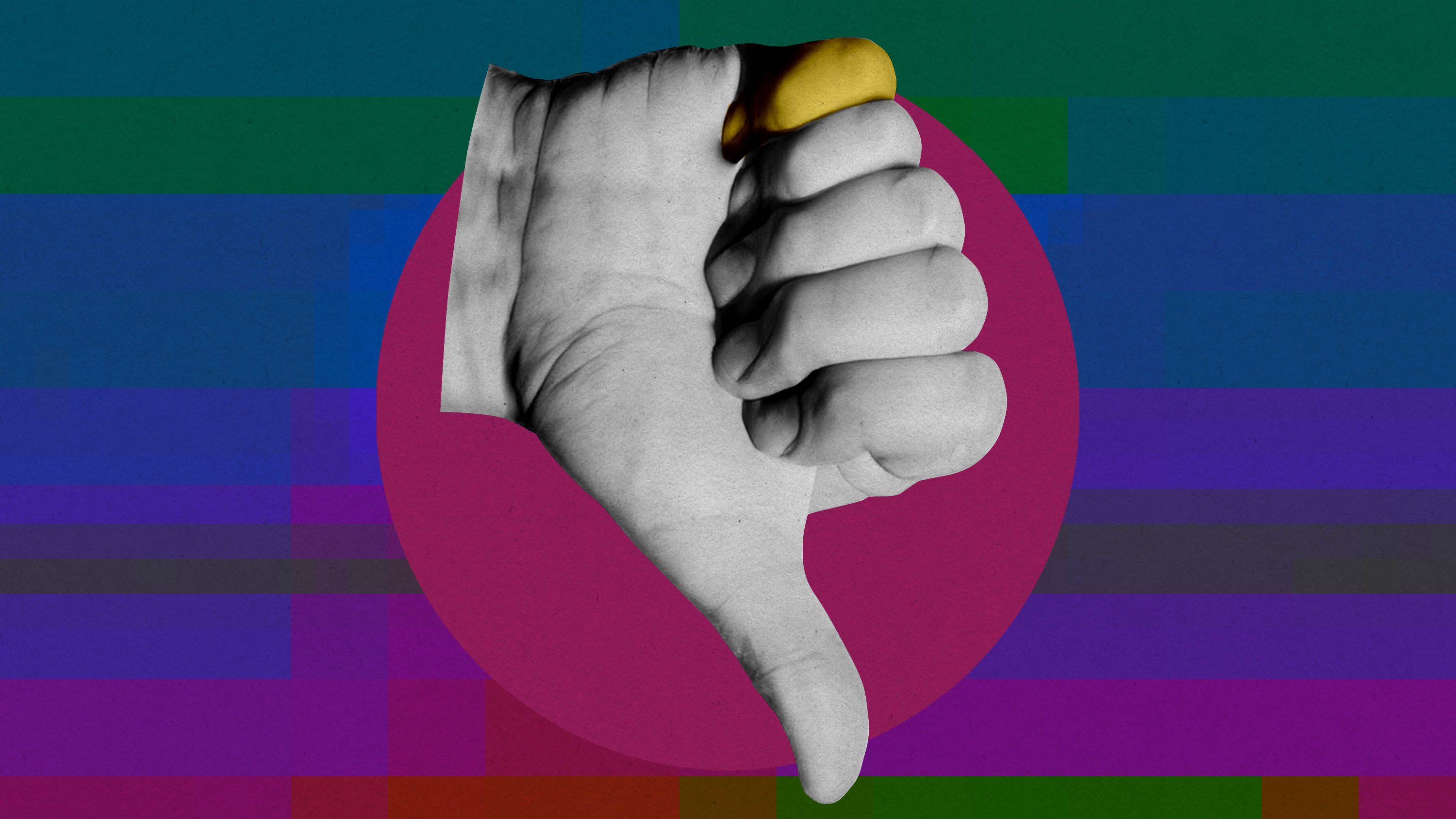Photo illustration showcasing a thumbs-down AI generated hand with 6 fingers