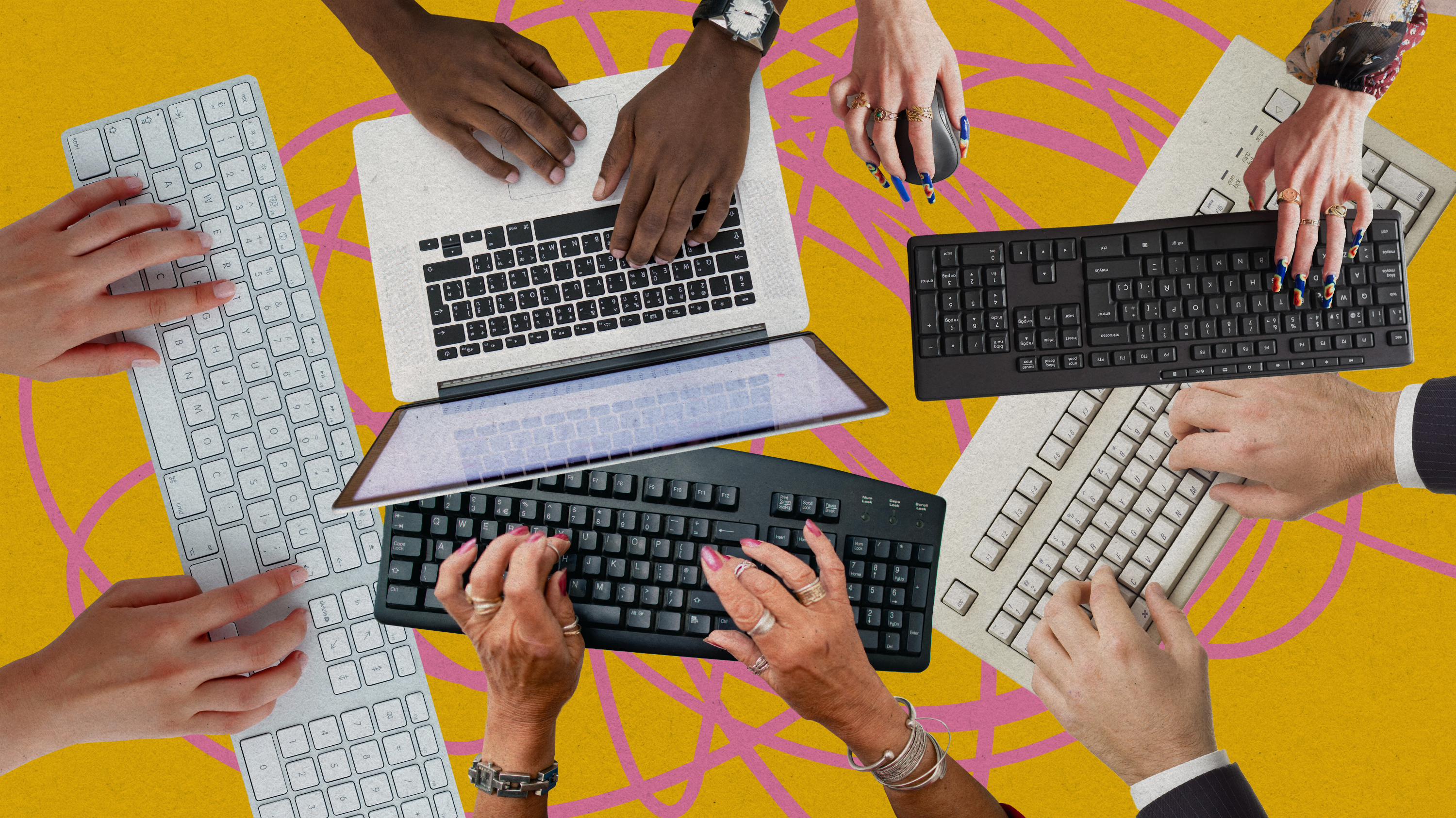 Photo Illustration showing several hands on keyboards, layered chaos