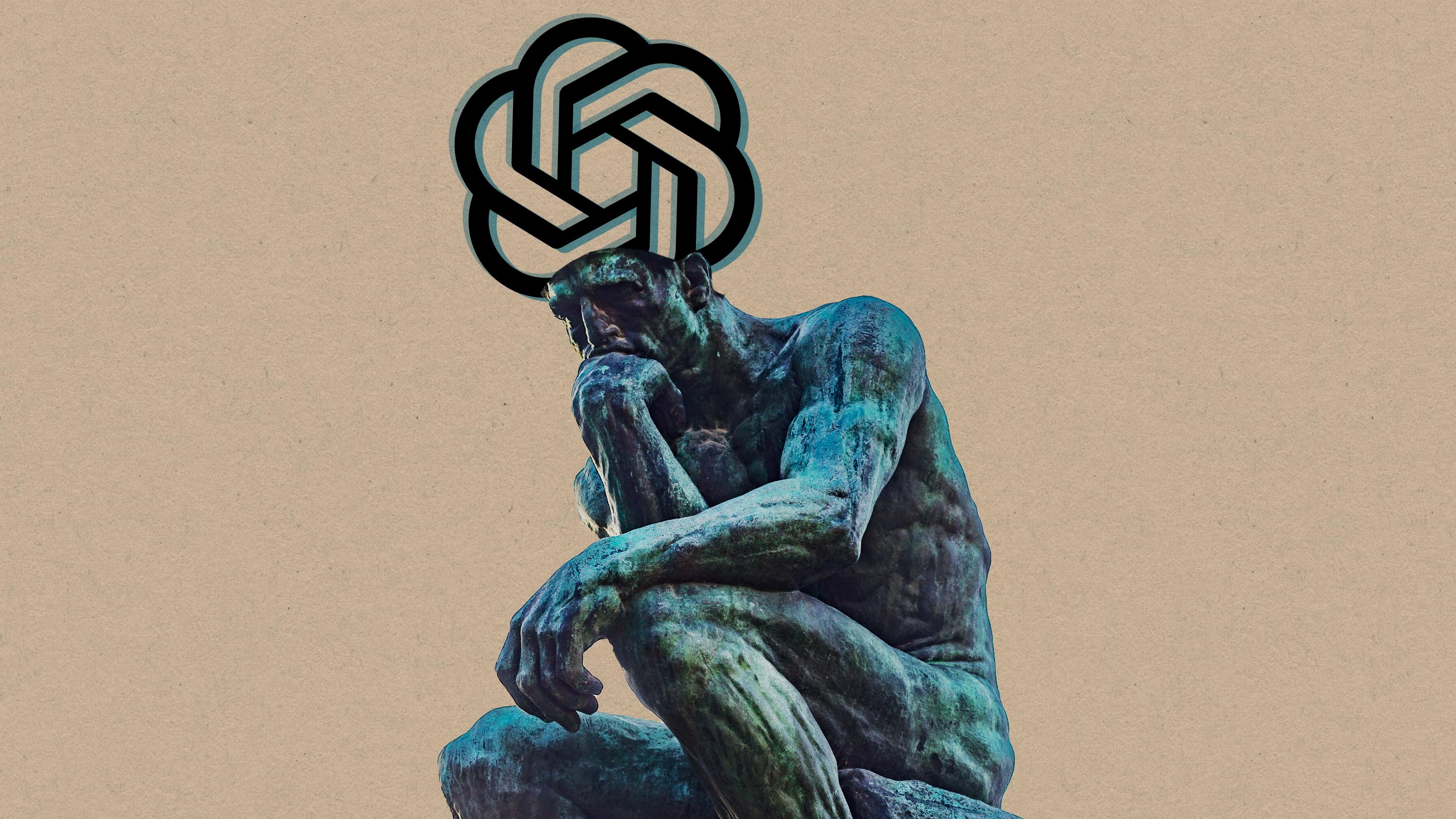 The thinker statue with Open AI logo as a brain