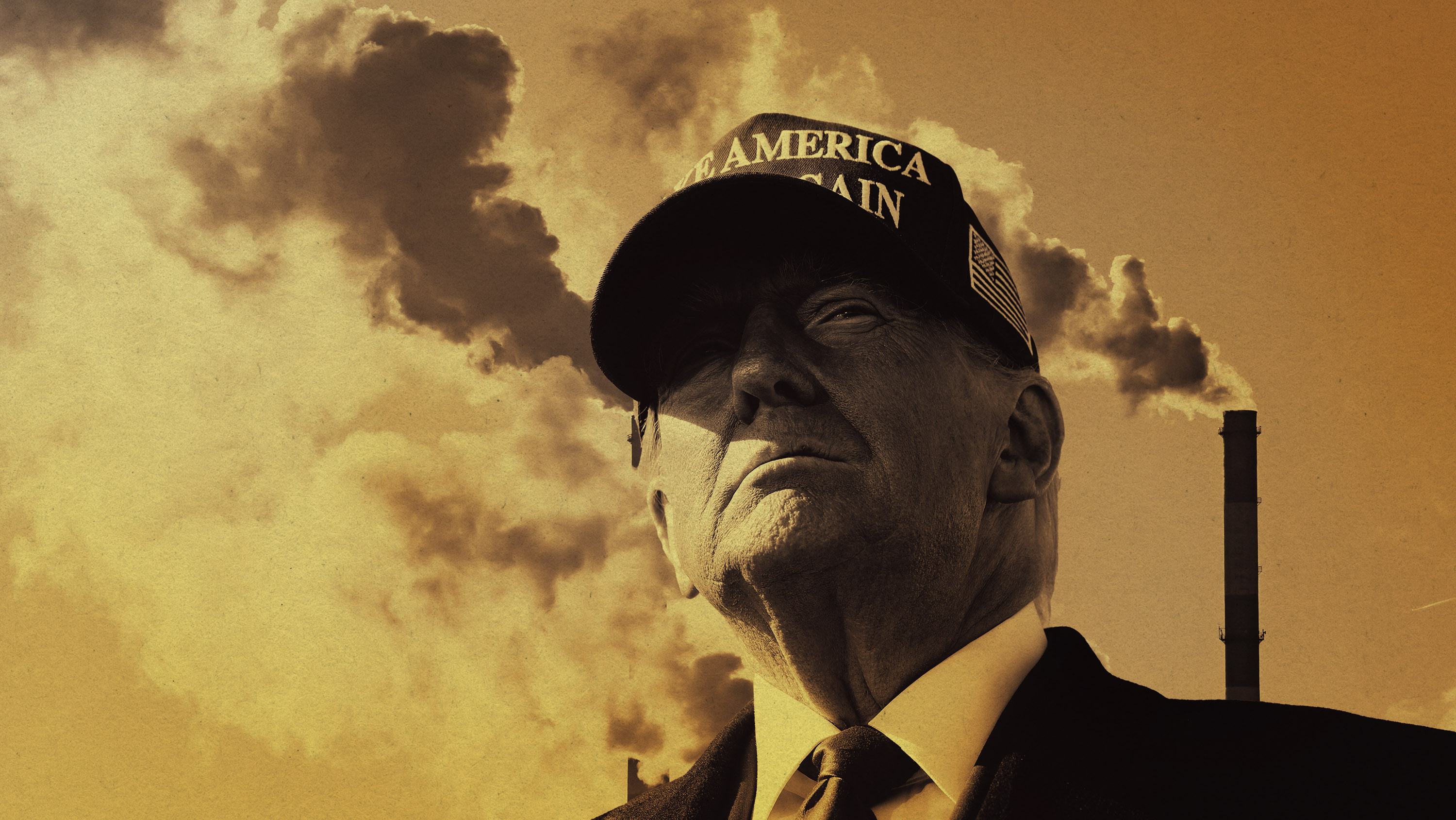 composite of Donald Trump with a sky full of emissions clouds