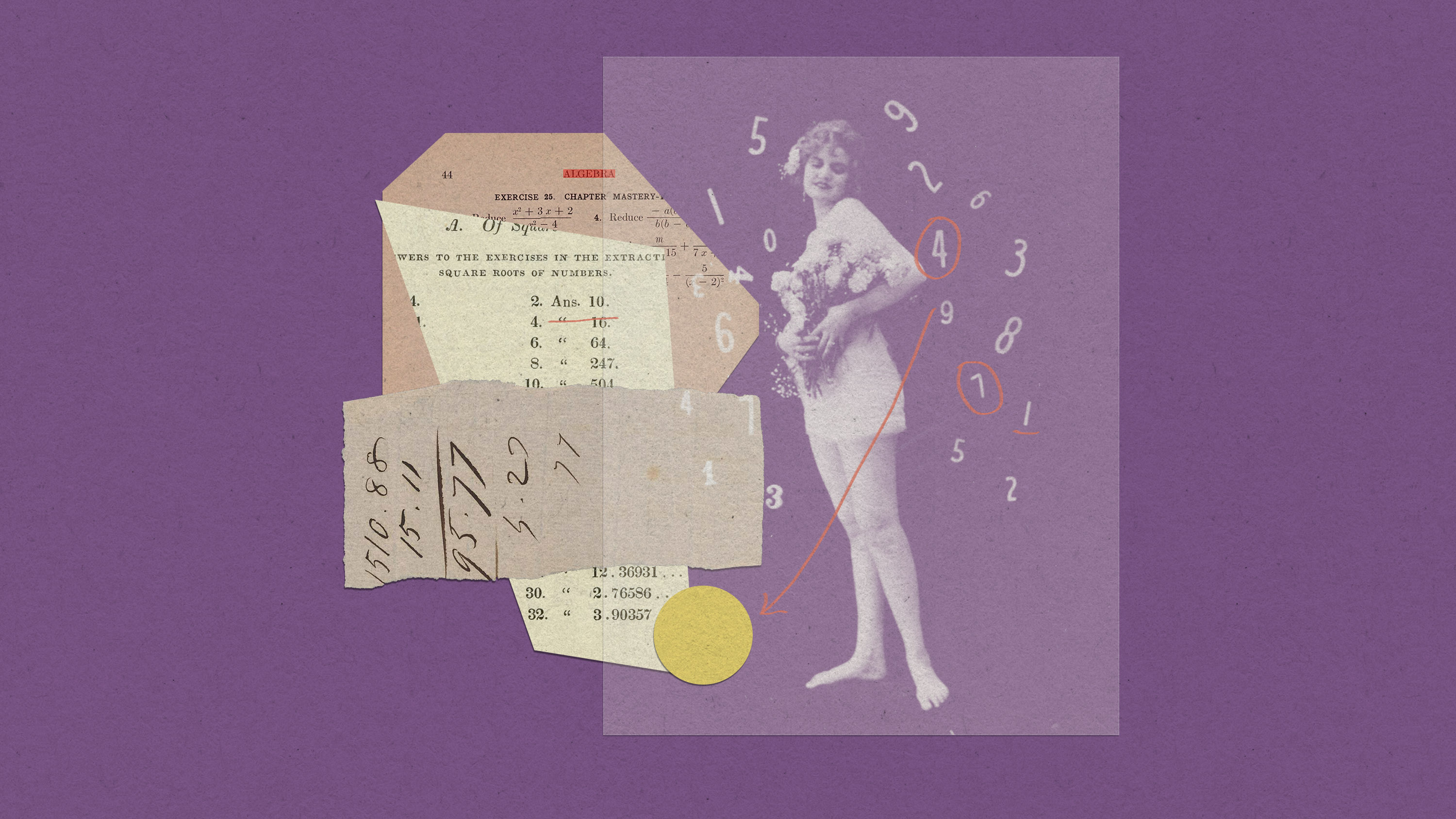 scraps of old algebra textbook piled with an old photo of a woman surrounded by numbers floating randomly around her