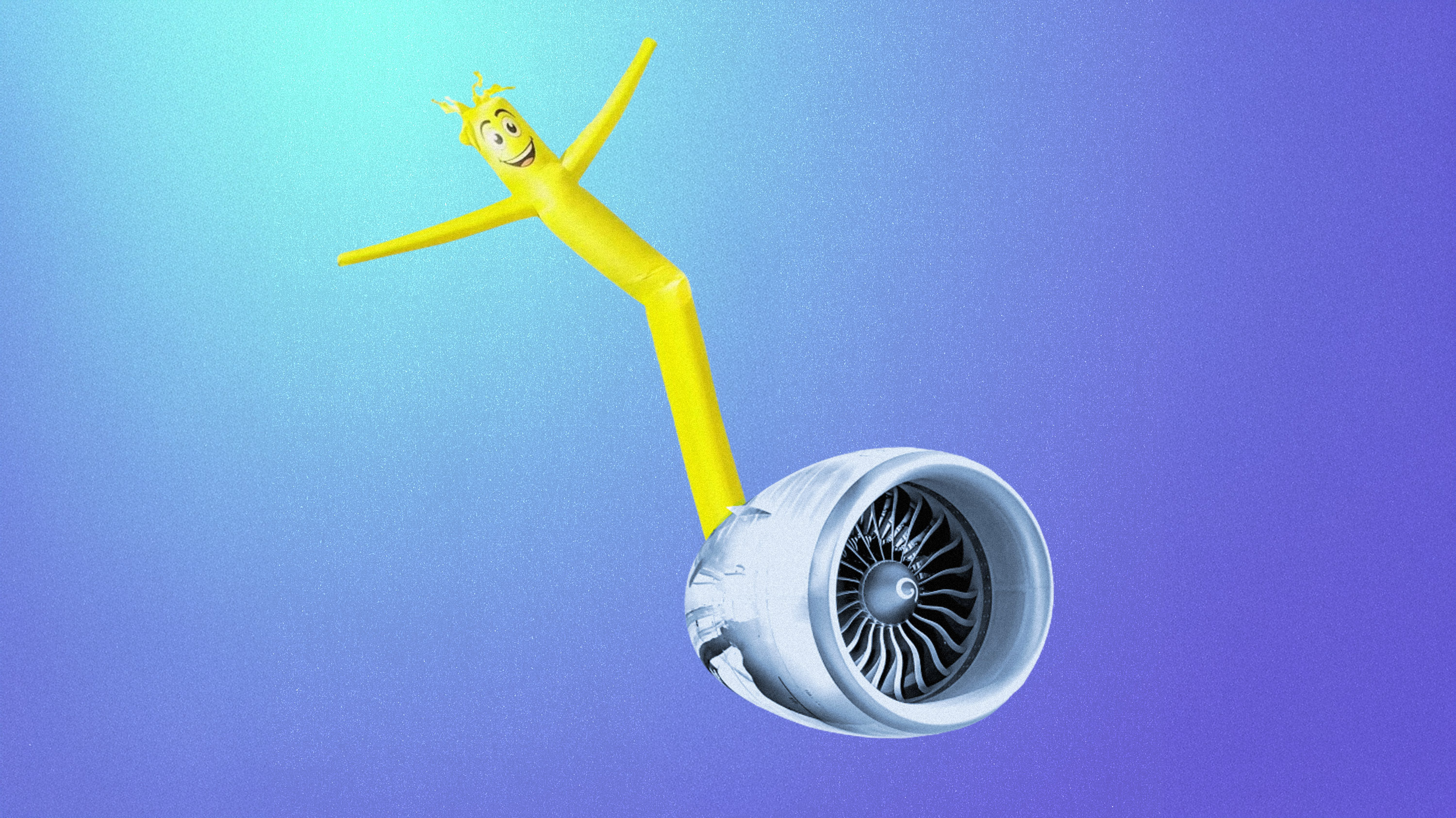 a tube man blowing from the back of a jet engine