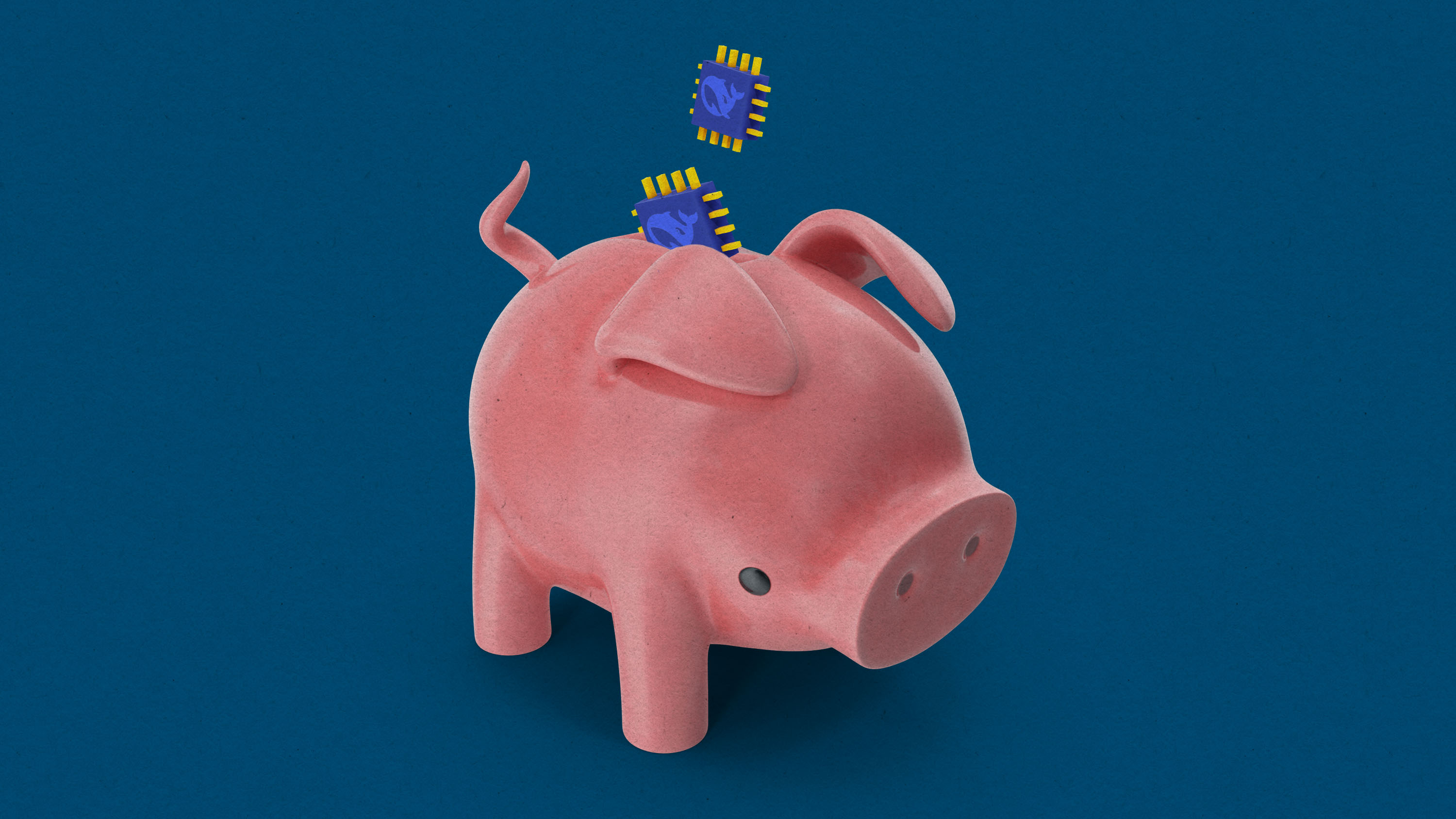 computer chips falling into a piggy bank