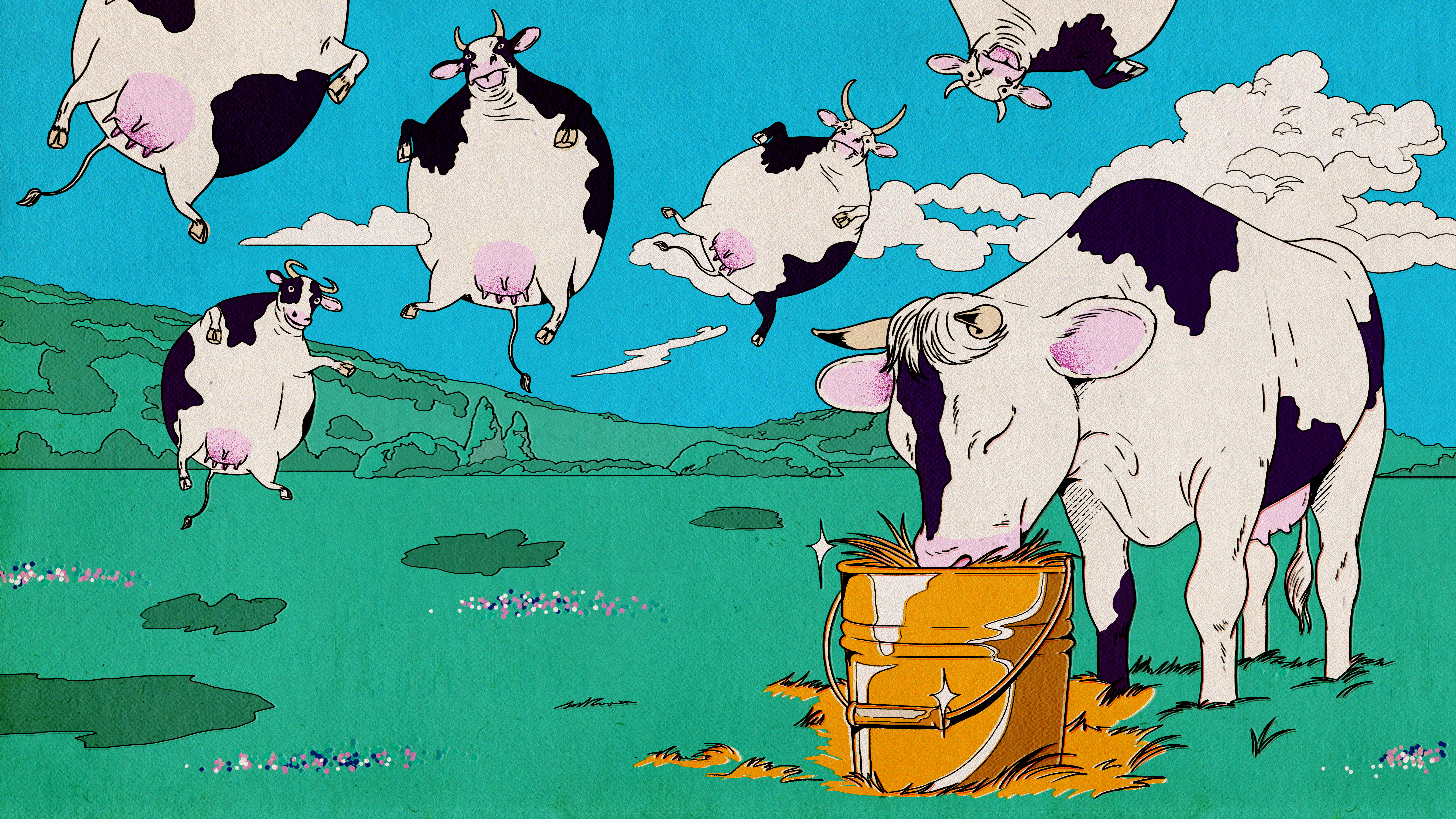 cows float above a green meadow with bloated bellies. A single content and healthy cow eats special food from a golden bucket.