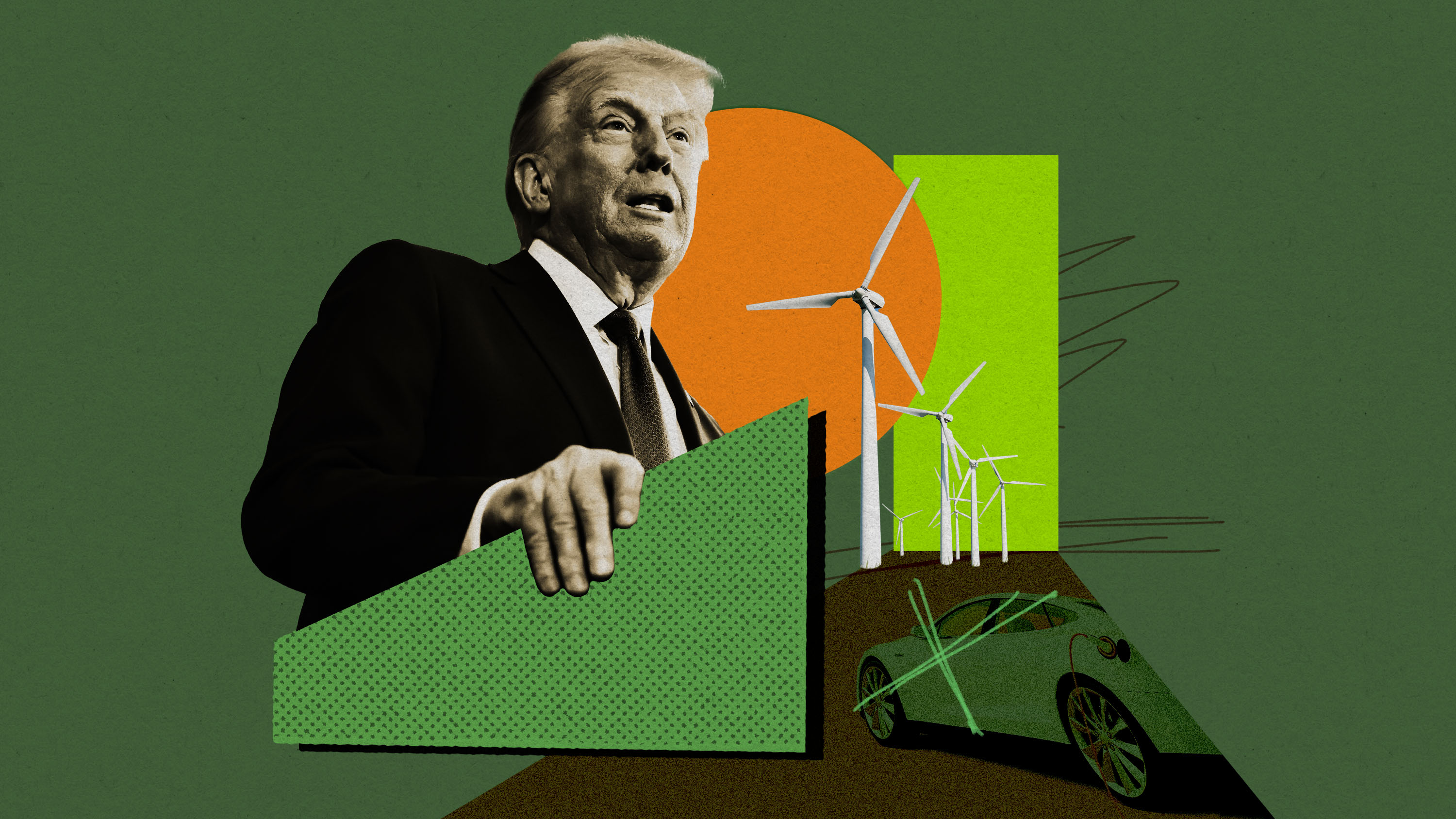 collage of Trump with wind farm and a scribbled out electric car