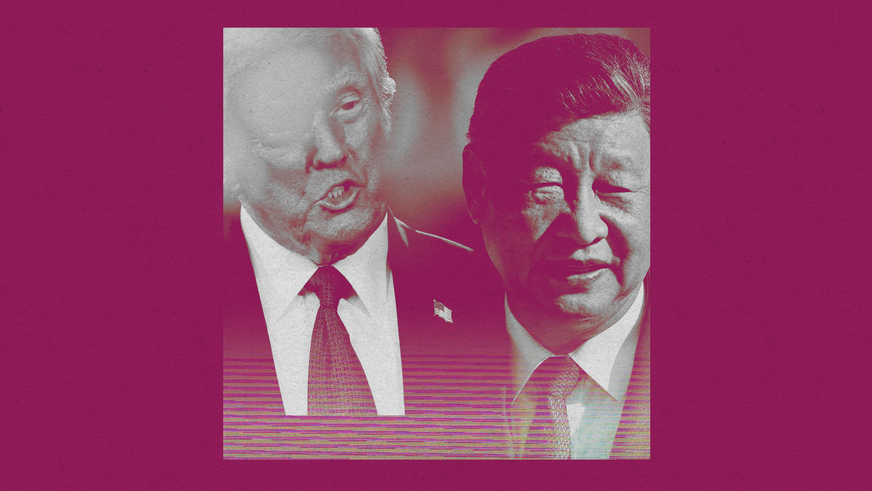 composite photo collage of Donald Trump and Xi Jinping with glitch lines