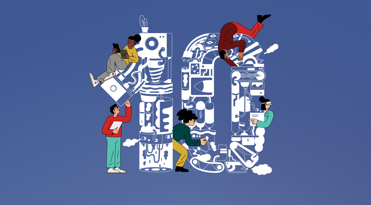 people work around the shape of a number "10" made of technology